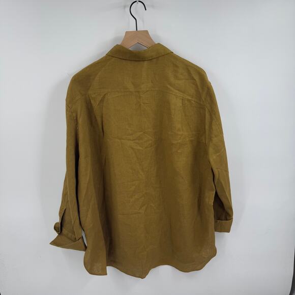 ZARA 100% Linen Button Front Shirt Mustard Yellow Long Sleeve Size XL - Picture 2 of 5